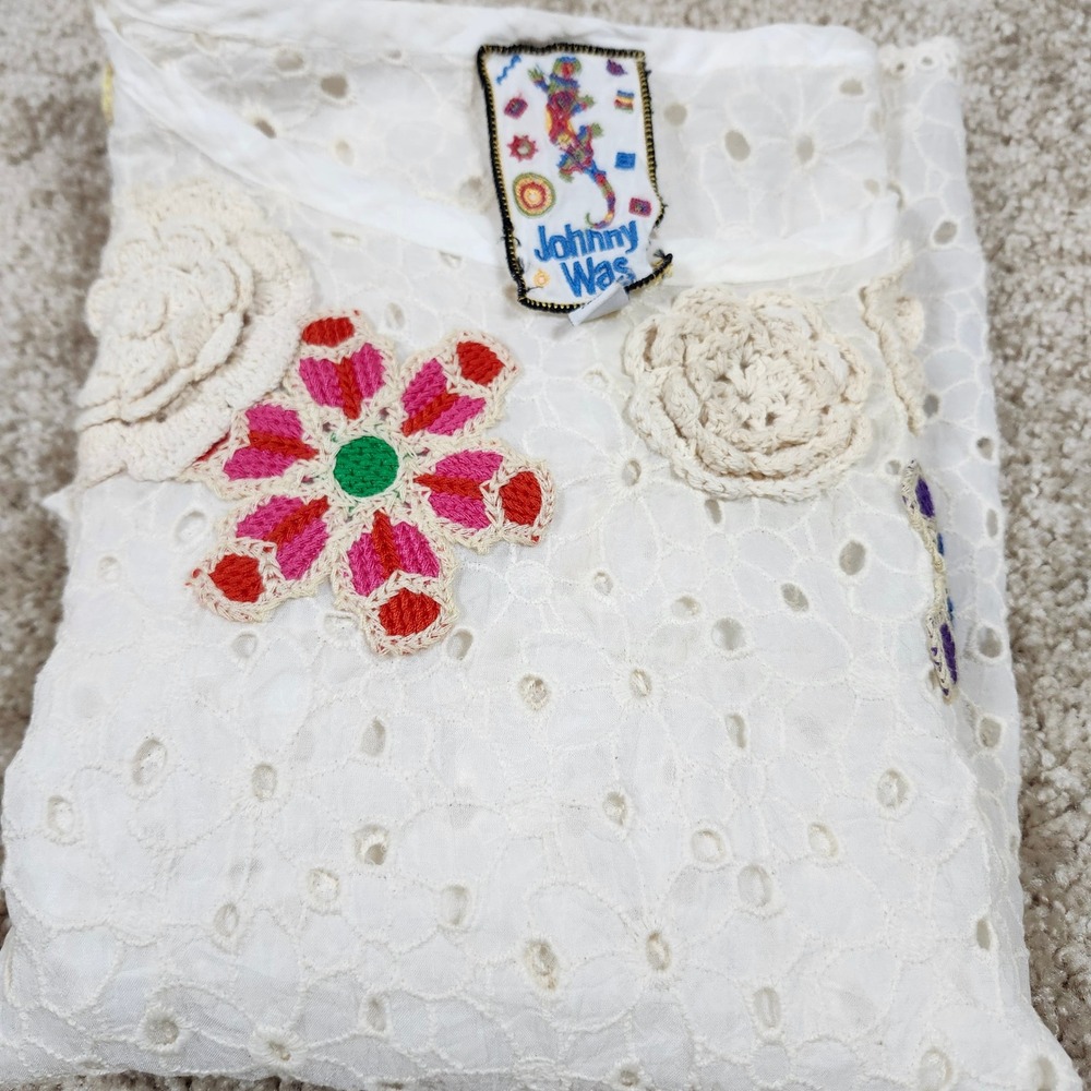Johnny Was Nydia Applique Eyelet Top Floral Crochet Boho White S - Picture 8 of 10